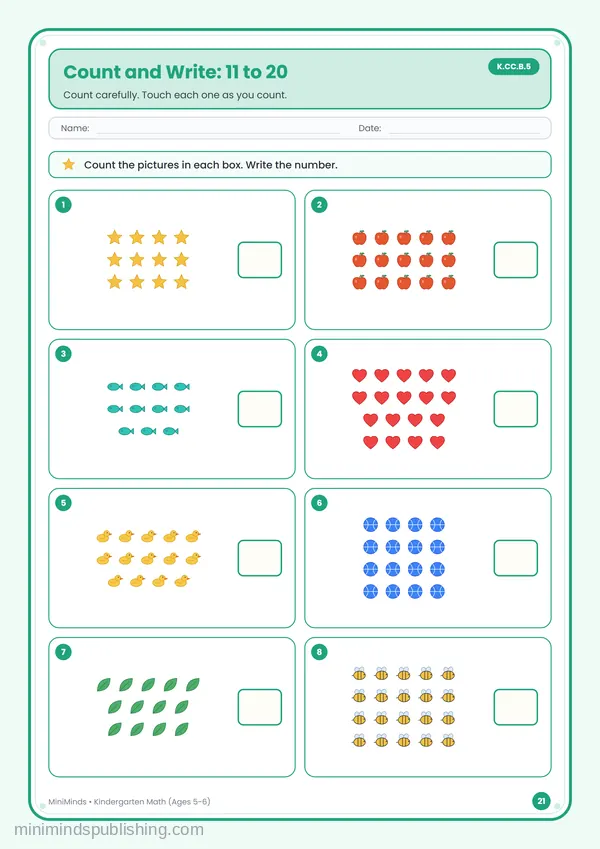 Count and Write: 11 to 20 — free printable Kindergarten math worksheet for ages 5-6 (Common Core K.CC.B.5)