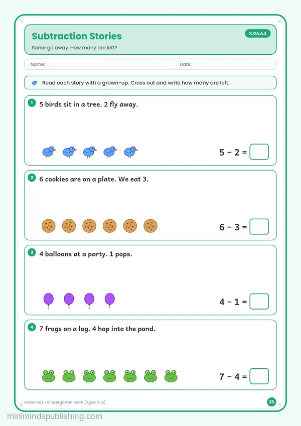 Subtraction Stories — free printable Kindergarten math worksheet for ages 5-6 (Common Core K.OA.A.2)
