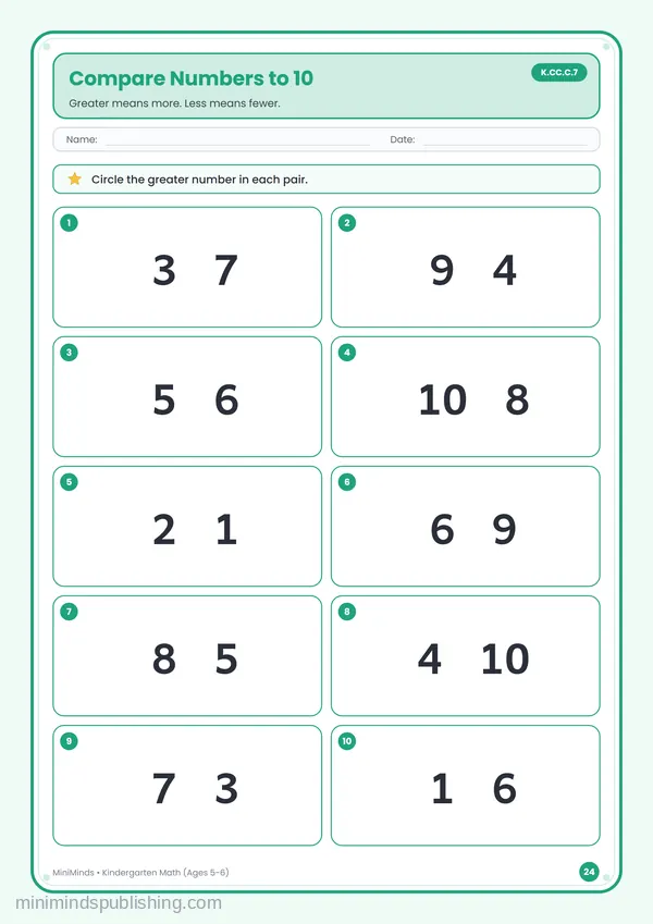 Compare Numbers to 10 — free printable Kindergarten math worksheet for ages 5-6 (Common Core K.CC.C.7)
