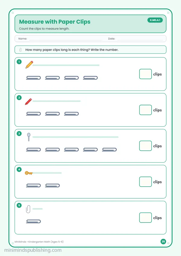 Measure with Paper Clips — free printable Kindergarten math worksheet for ages 5-6 (Common Core K.MD.A.1)