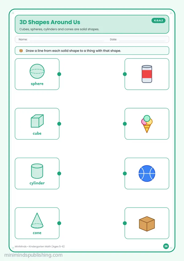 3D Shapes Around Us — free printable Kindergarten math worksheet for ages 5-6 (Common Core K.G.A.2)