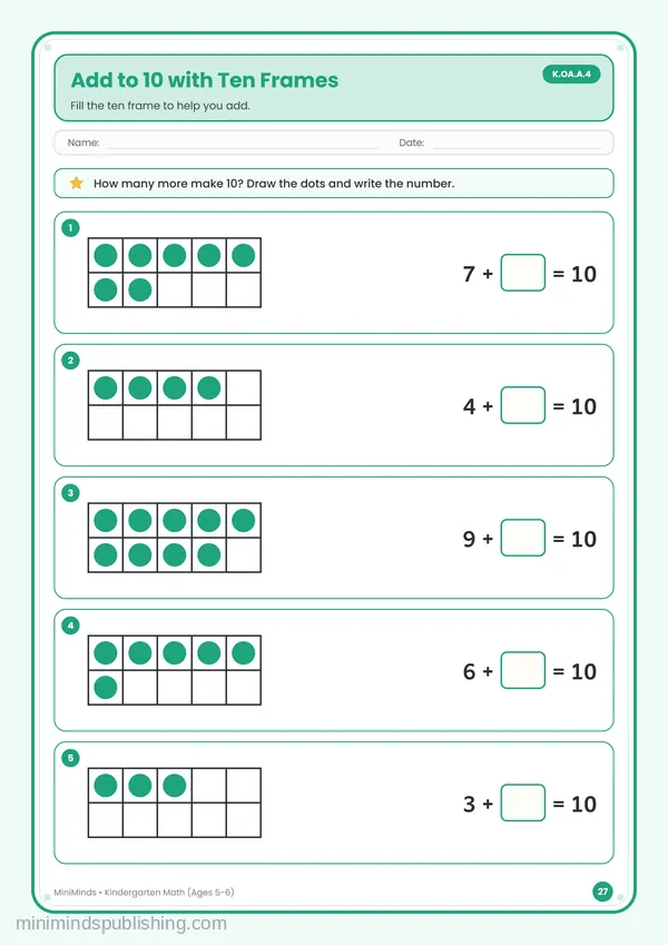 Add to 10 with Ten Frames — free printable Kindergarten math worksheet for ages 5-6 (Common Core K.OA.A.4)
