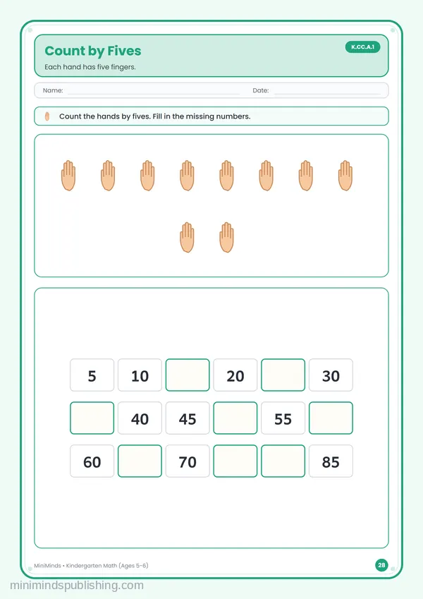 Count by Fives — free printable Kindergarten math worksheet for ages 5-6 (Common Core K.CC.A.1)
