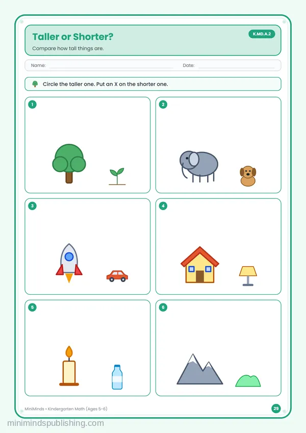 Taller or Shorter? — free printable Kindergarten math worksheet for ages 5-6 (Common Core K.MD.A.2)