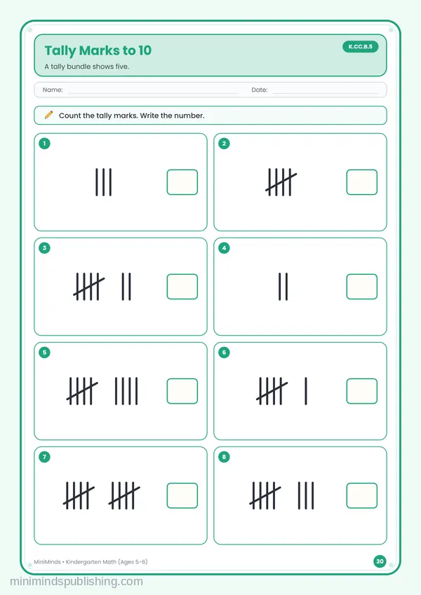 Tally Marks to 10 — free printable Kindergarten math worksheet for ages 5-6 (Common Core K.CC.B.5)