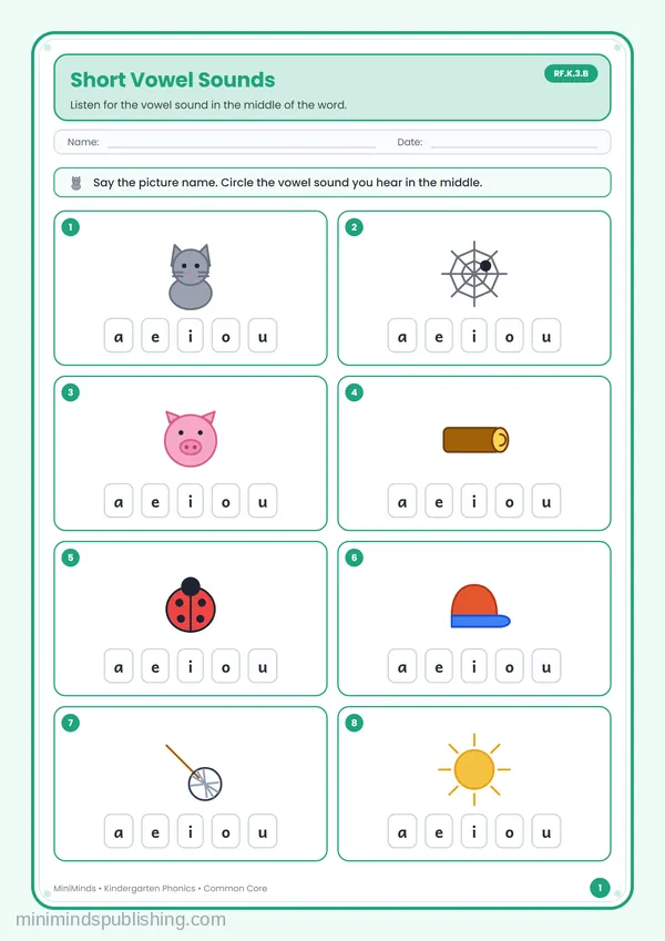 Short Vowel Sounds — free printable Kindergarten worksheet