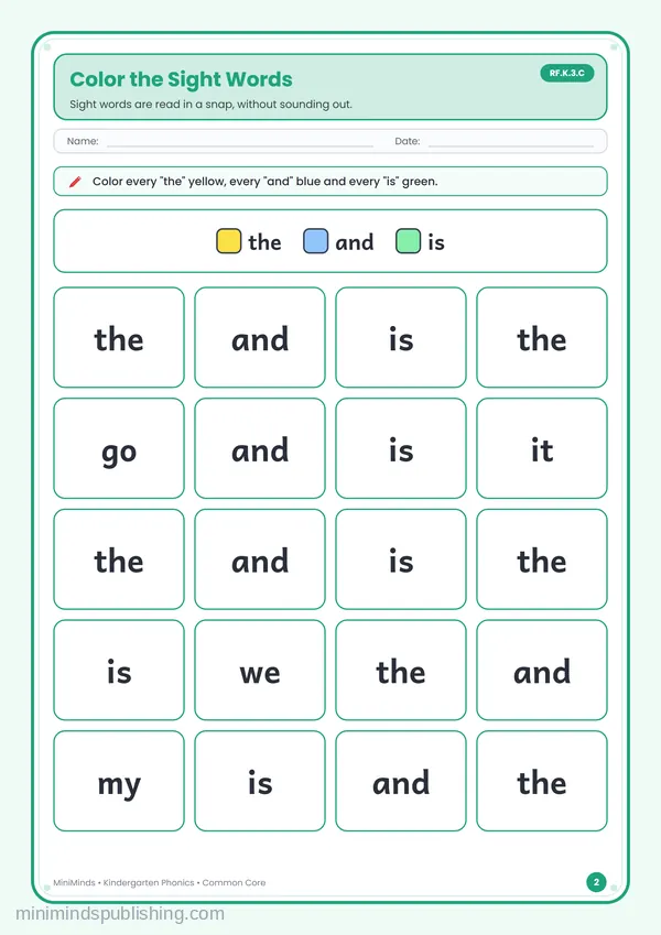 Color the Sight Words — free printable Kindergarten worksheet