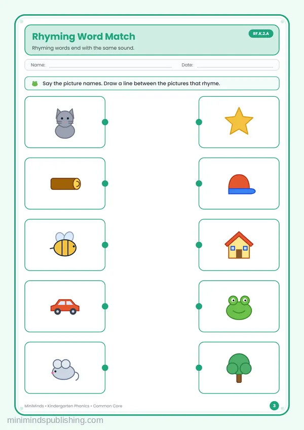 Rhyming Word Match — free printable Kindergarten worksheet