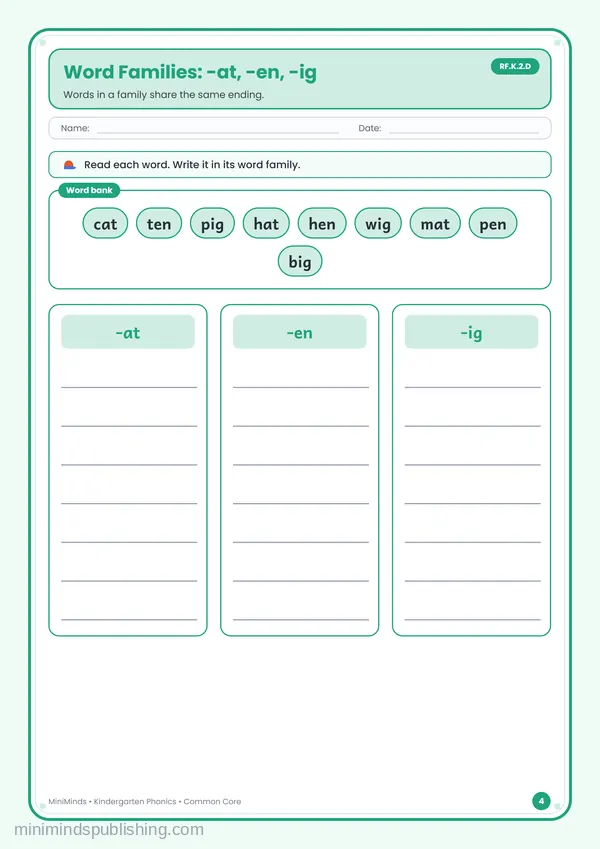 Word Families: -at, -en, -ig — free printable Kindergarten worksheet