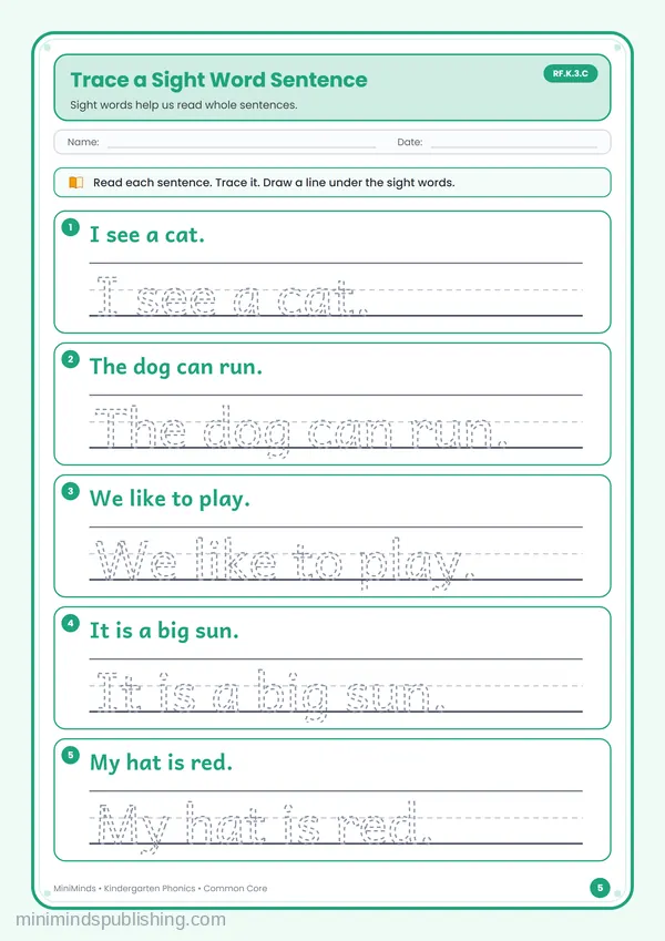 Trace a Sight Word Sentence — free printable Kindergarten worksheet
