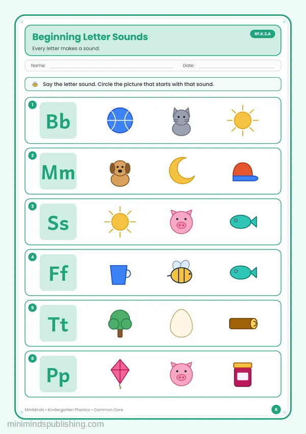 Beginning Letter Sounds — free printable Kindergarten worksheet