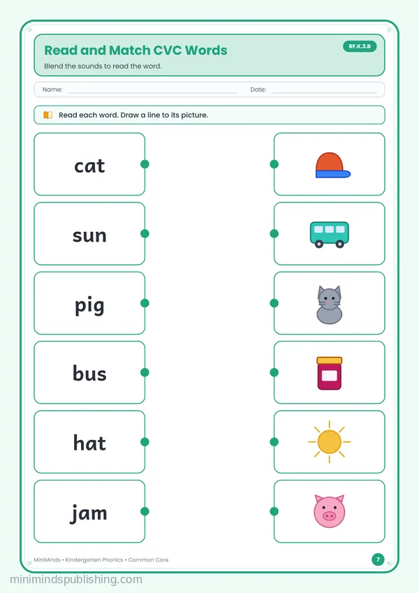 Read and Match CVC Words — free printable Kindergarten worksheet