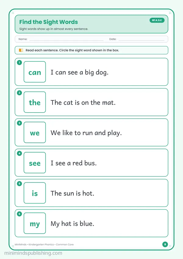 Find the Sight Words — free printable Kindergarten worksheet