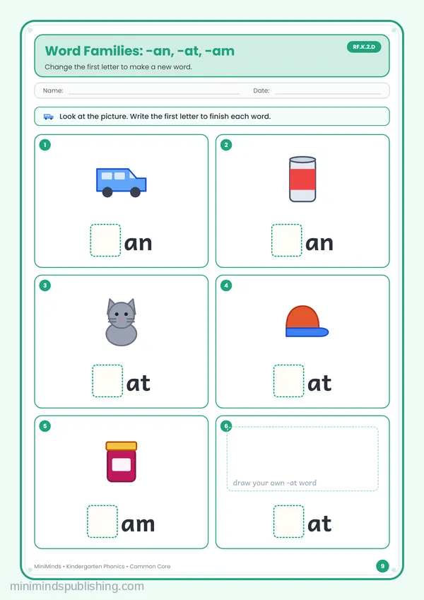 Rhyming Mathcing Activity Word Families: -at, -en, -ig — Free Kindergarten Worksheet (PDF)