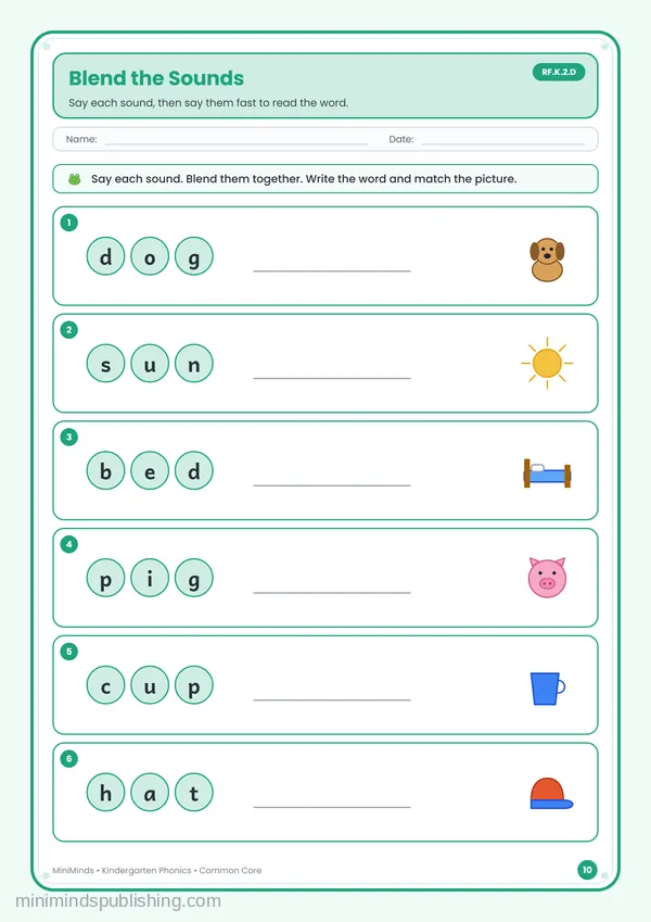 Blend the Sounds — free printable Kindergarten worksheet