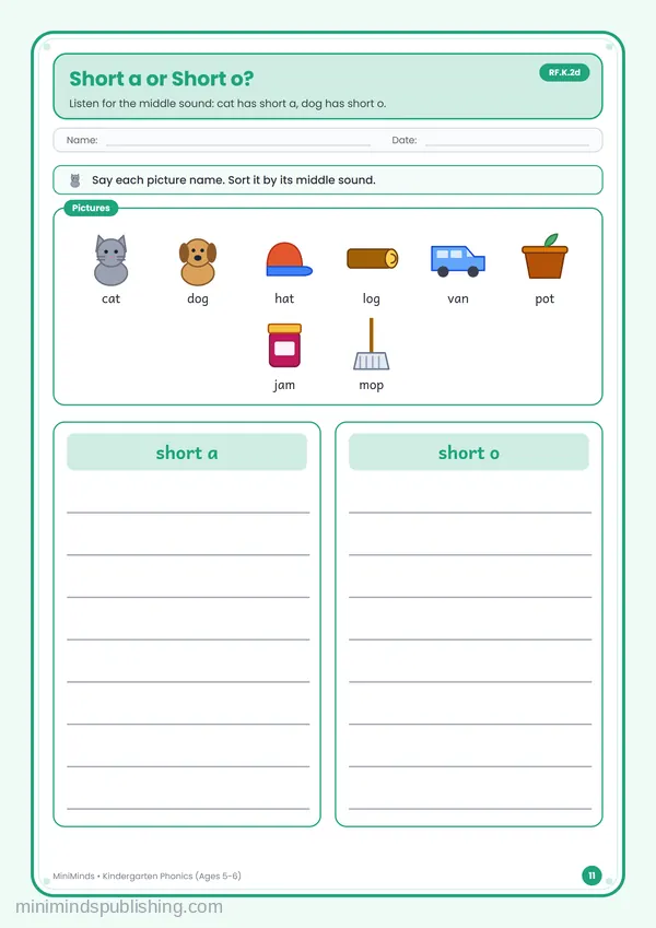 Short a or Short o? — free printable Kindergarten worksheet