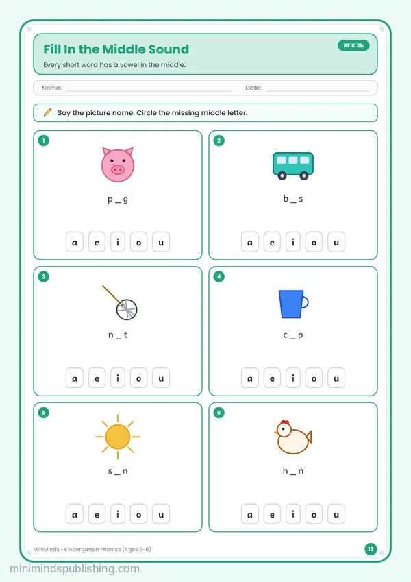 Fill In the Middle Sound — free printable Kindergarten worksheet