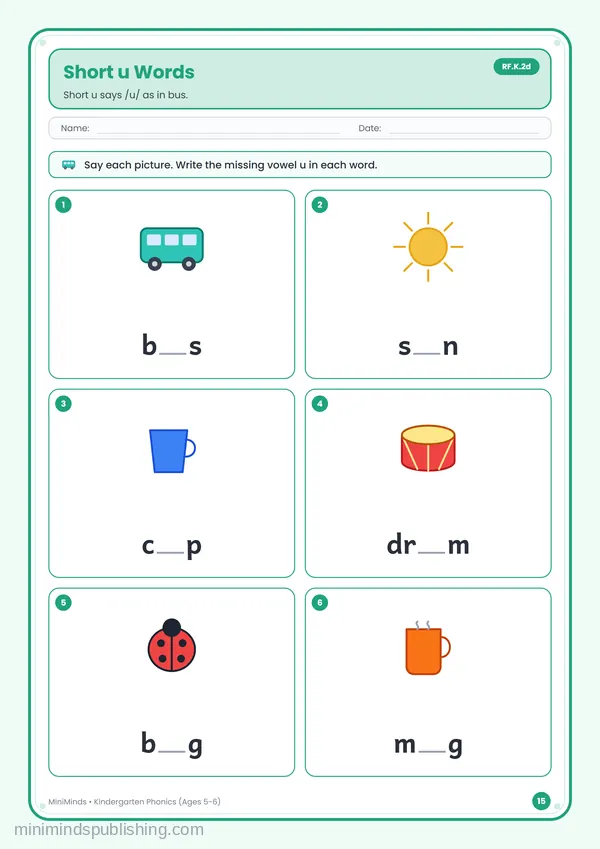 Short u Words — free printable Kindergarten worksheet
