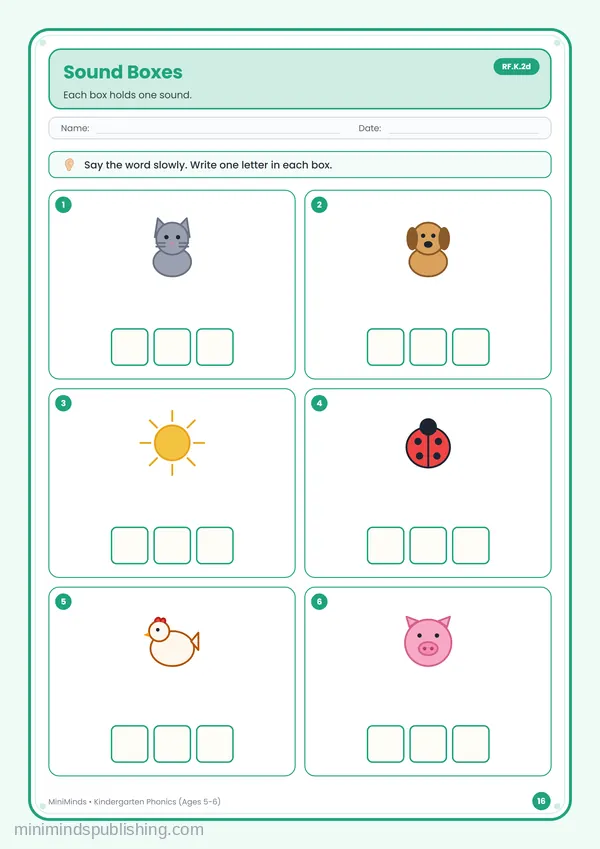 Sound Boxes — free printable Kindergarten worksheet