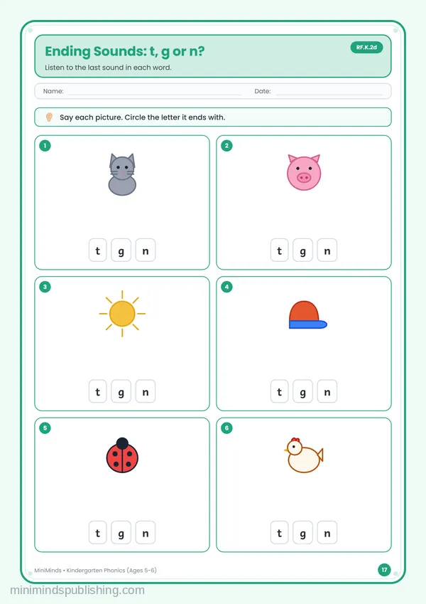 Ending Sounds: t, g or n? — free printable Kindergarten worksheet