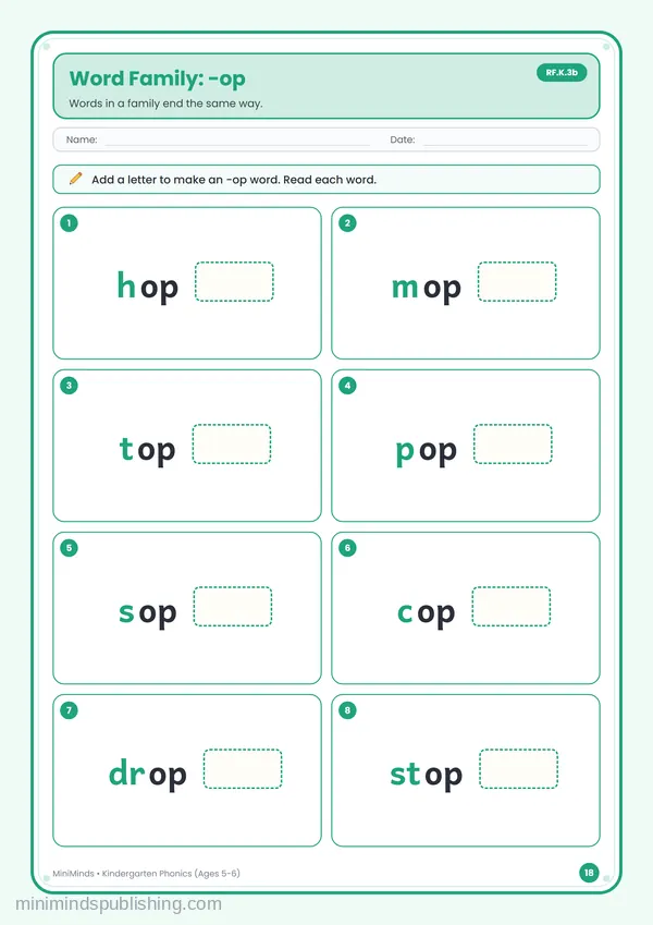 Word Family: -op — free printable Kindergarten worksheet
