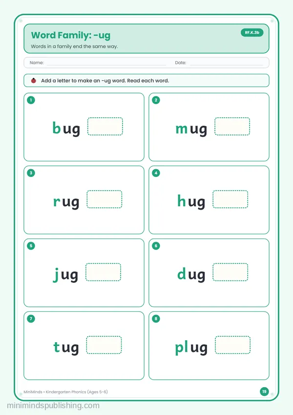 Word Family: -ug — free printable Kindergarten worksheet