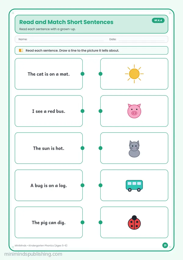 Read and Match Short Sentences — free printable Kindergarten worksheet