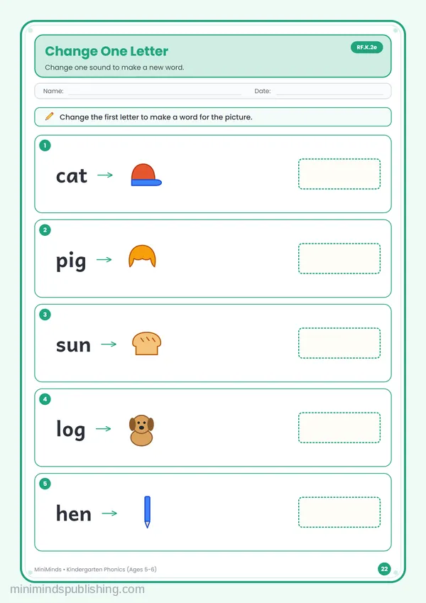 Change One Letter — free printable Kindergarten worksheet