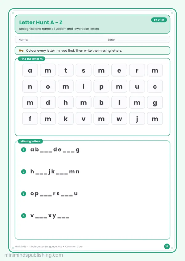 Letter Hunt A - Z — free printable Kindergarten reading & writing worksheet for ages 5-6 (Common Core RF.K.1.D)