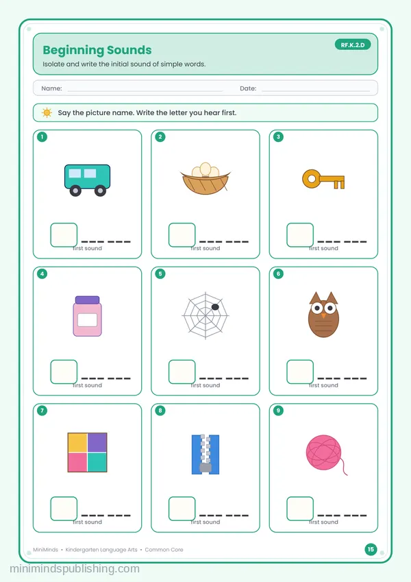 Beginning Sounds — free printable Kindergarten reading & writing worksheet for ages 5-6 (Common Core RF.K.2.D)