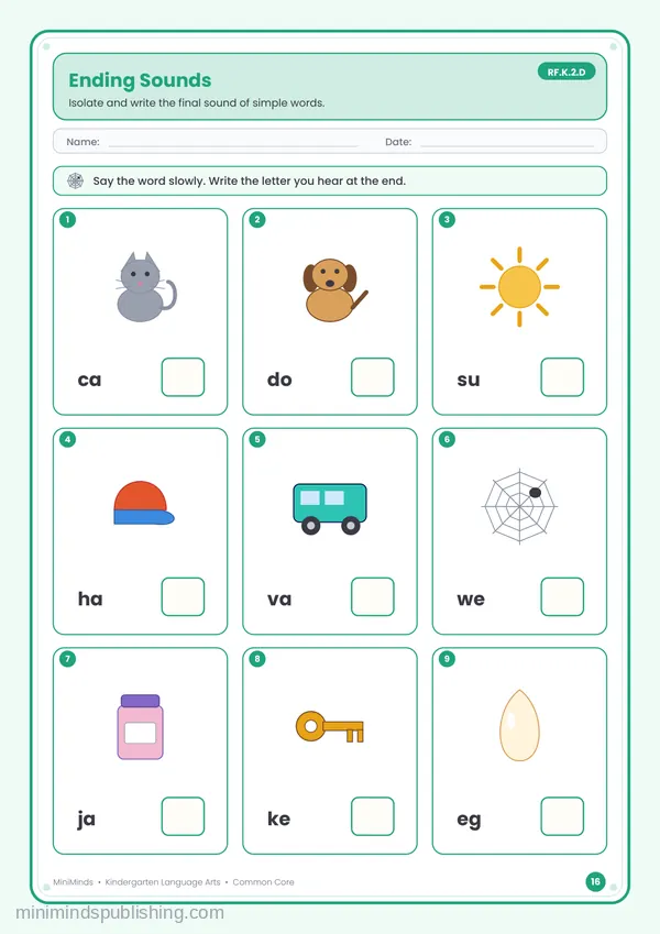 Ending Sounds — free printable Kindergarten reading & writing worksheet for ages 5-6 (Common Core RF.K.2.D)