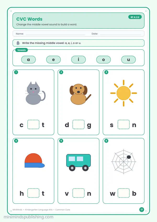 CVC Words — free printable Kindergarten reading & writing worksheet for ages 5-6 (Common Core RF.K.2.E)