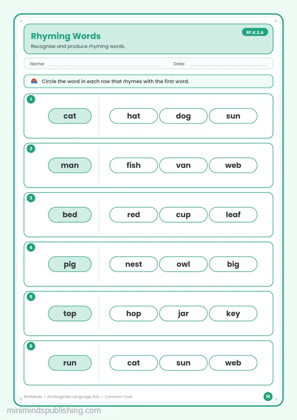 Rhyming Words — free printable Kindergarten reading & writing worksheet for ages 5-6 (Common Core RF.K.2.A)
