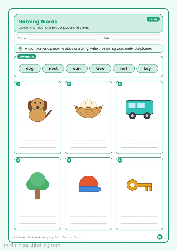 Naming Words — free printable Kindergarten reading & writing worksheet for ages 5-6 (Common Core L.K.1.B)