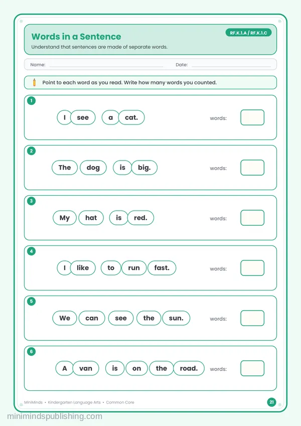 Words in a Sentence — free printable Kindergarten reading & writing worksheet for ages 5-6 (Common Core RF.K.1.A, RF.K.1.C)