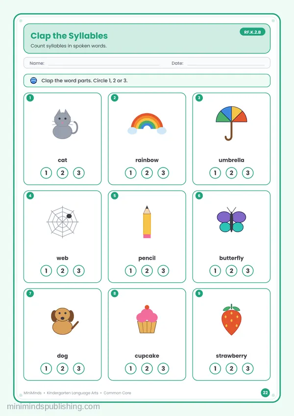 Clap the Syllables — free printable Kindergarten reading & writing worksheet for ages 5-6 (Common Core RF.K.2.B)