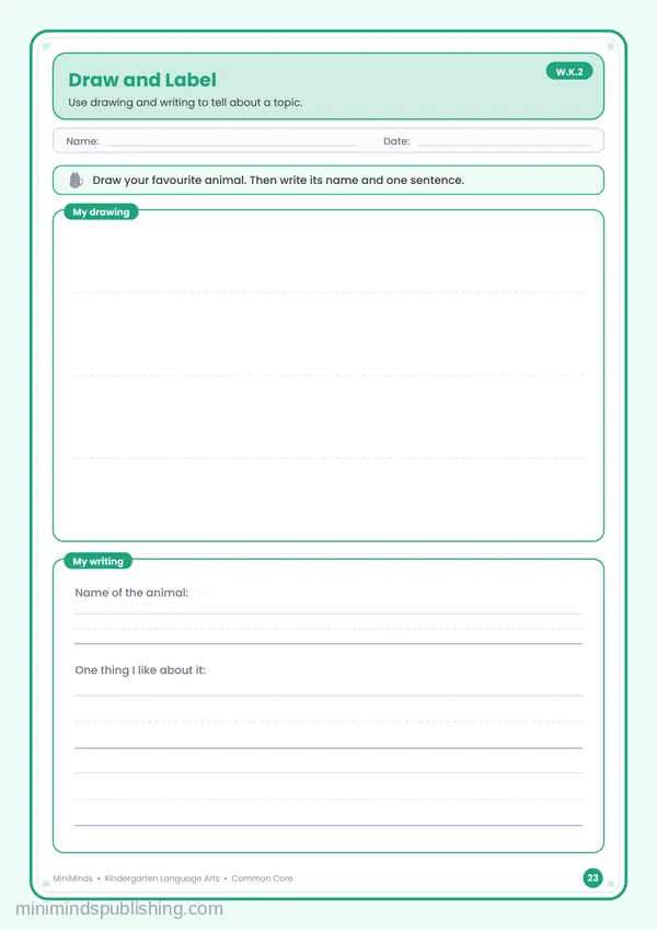 Draw and Label — free printable Kindergarten reading & writing worksheet for ages 5-6 (Common Core W.K.2)