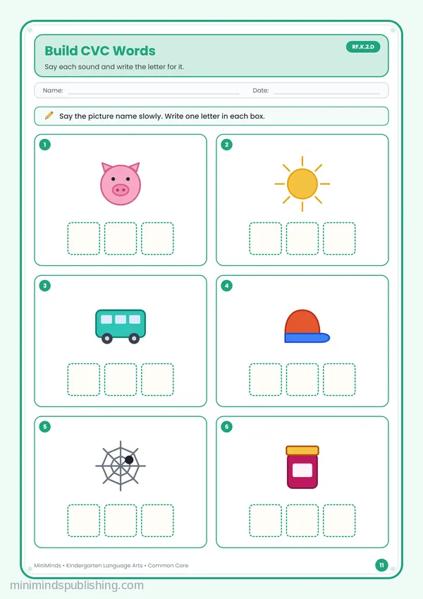 Build CVC Words — free printable Kindergarten reading & writing worksheet for ages 5-6 (Common Core RF.K.2.D)