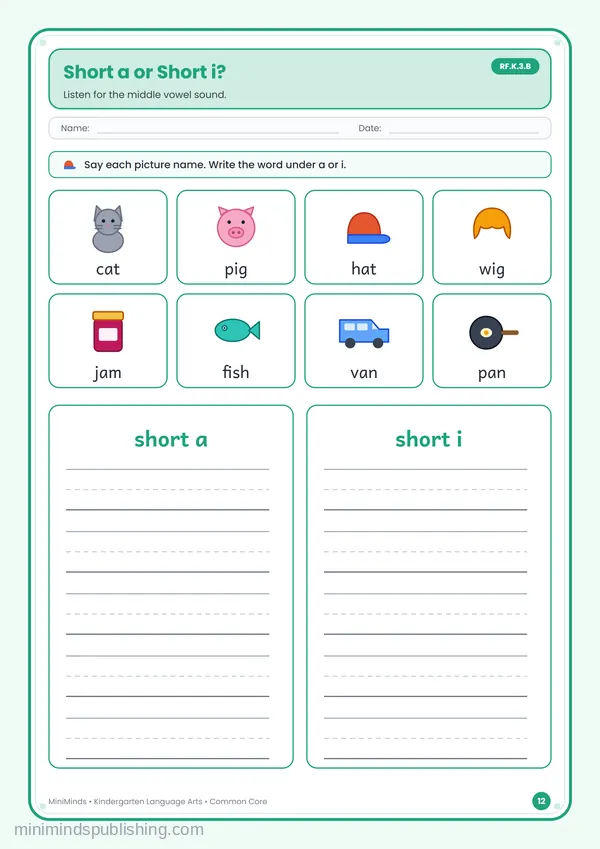 Short a or Short i? — free printable Kindergarten reading & writing worksheet for ages 5-6 (Common Core RF.K.3.B)