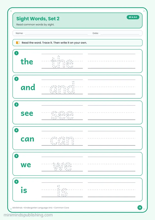 Sight Words, Set 2 — free printable Kindergarten reading & writing worksheet for ages 5-6 (Common Core RF.K.3.C)
