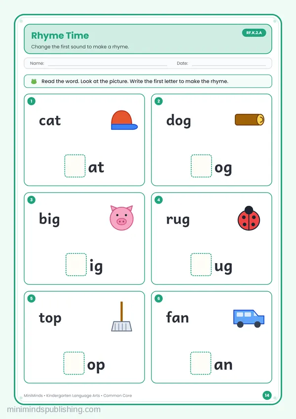 Rhyme Time — free printable Kindergarten reading & writing worksheet for ages 5-6 (Common Core RF.K.2.A)