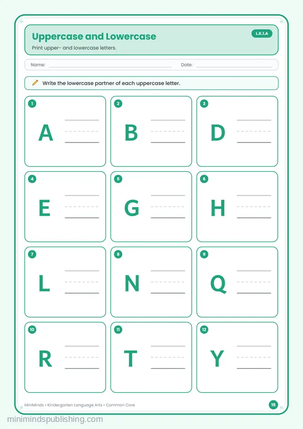 Uppercase and Lowercase — free printable Kindergarten reading & writing worksheet for ages 5-6 (Common Core L.K.1.A)