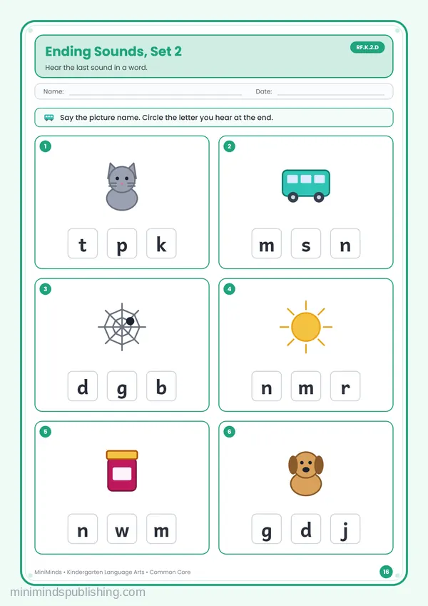 Ending Sounds, Set 2 — free printable Kindergarten reading & writing worksheet for ages 5-6 (Common Core RF.K.2.D)
