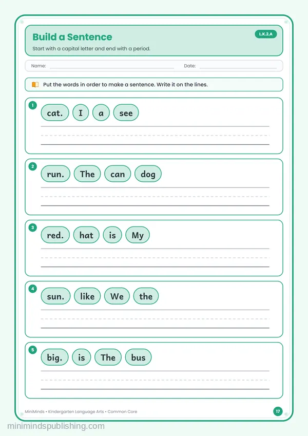Build a Sentence — free printable Kindergarten reading & writing worksheet for ages 5-6 (Common Core L.K.2.A)