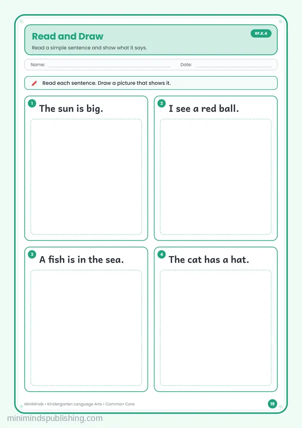 Read and Draw — free printable Kindergarten reading & writing worksheet for ages 5-6 (Common Core RF.K.4)