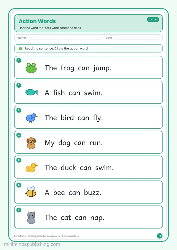 Action Words — free printable Kindergarten reading & writing worksheet for ages 5-6 (Common Core L.K.1.B)