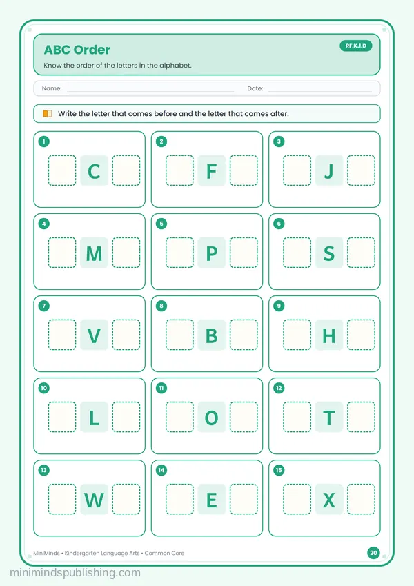 ABC Order — free printable Kindergarten reading & writing worksheet for ages 5-6 (Common Core RF.K.1.D)