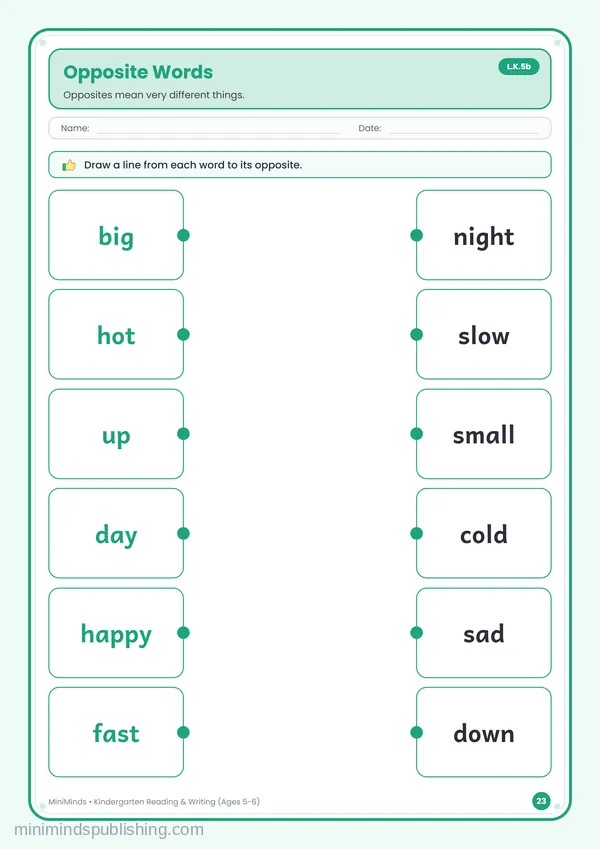 Opposite Words — free printable Kindergarten reading & writing worksheet for ages 5-6 (Common Core L.K.5b)