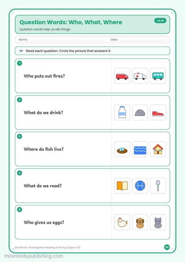 Question Words: Who, What, Where — free printable Kindergarten reading & writing worksheet for ages 5-6 (Common Core L.K.1d)