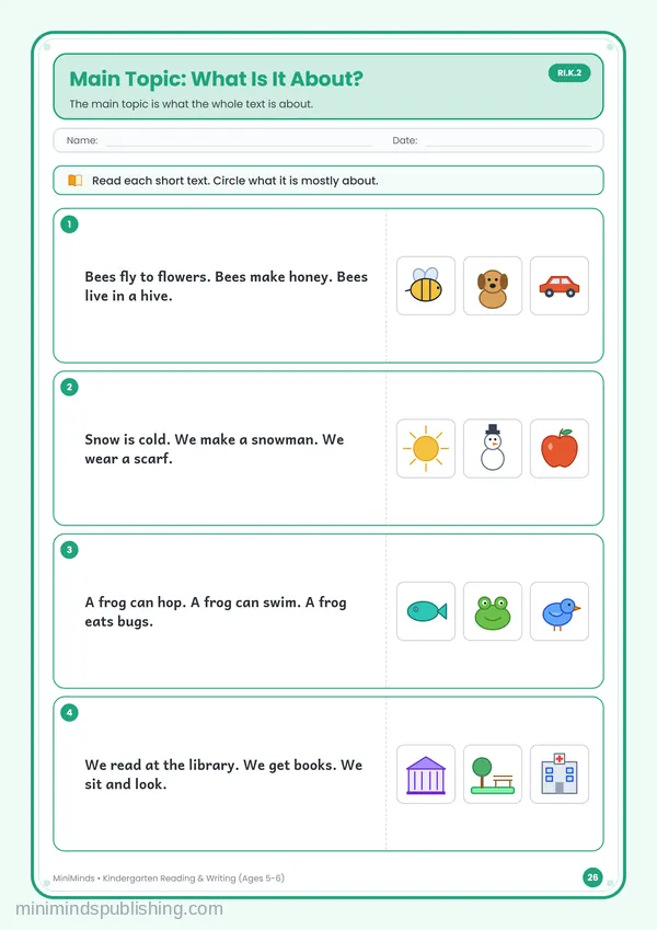 Main Topic: What Is It About? — free printable Kindergarten reading & writing worksheet for ages 5-6 (Common Core RI.K.2)